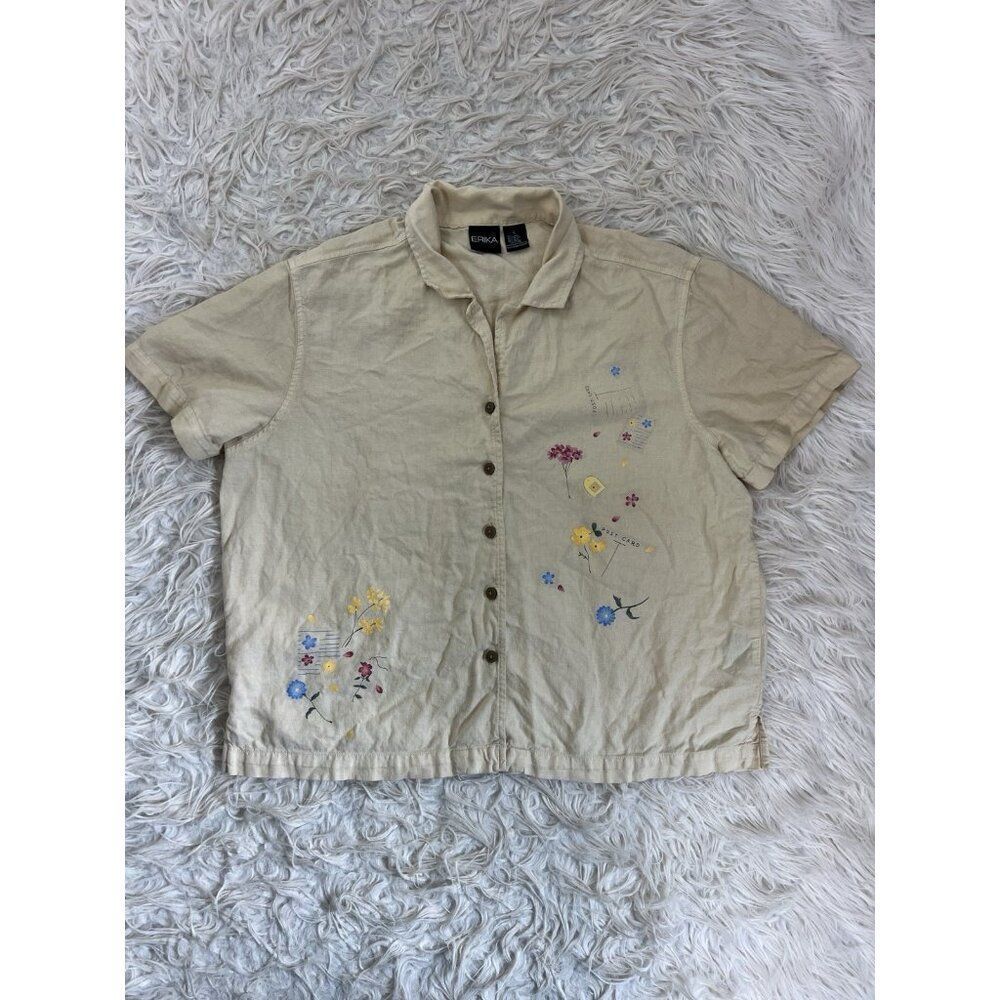 Erika Vintage 90s Yellow Floral Postcard Linen Cottagecore Button Front Top Lrg